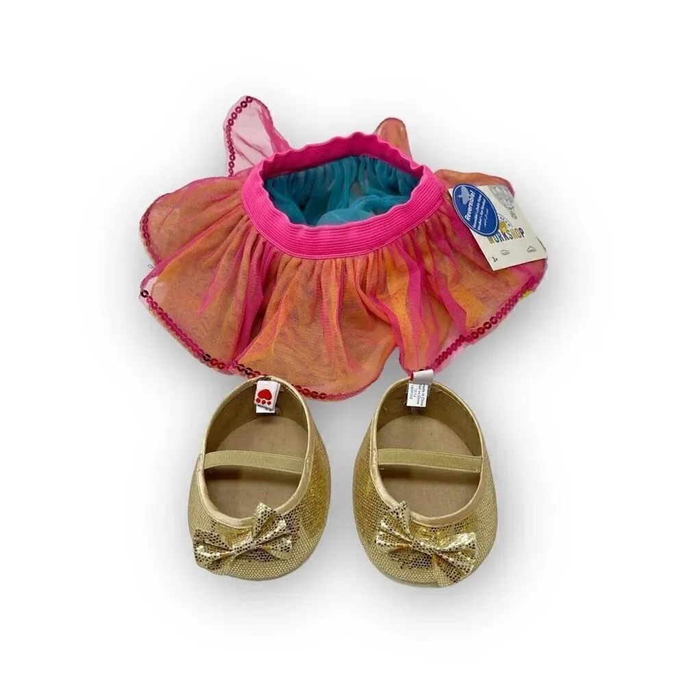 Build A Bear BABW Pastel Rainbow Tutu Reversible & Sequined Gold Glitter Shoes